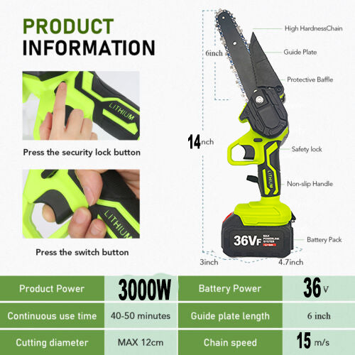 36V 3000W Mini Cordless Chainsaw 2X Battery-Powered Wood Cutter Rechargeable - Bring To Door 