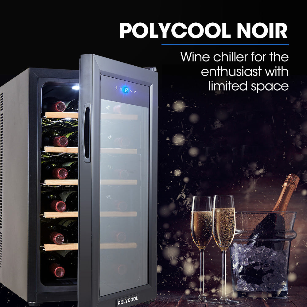 POLYCOOL 47L 18 Bottle Wine Bar Fridge Countertop Cooler Compressor Mirrored Glass Door, Black - Bring To Door 