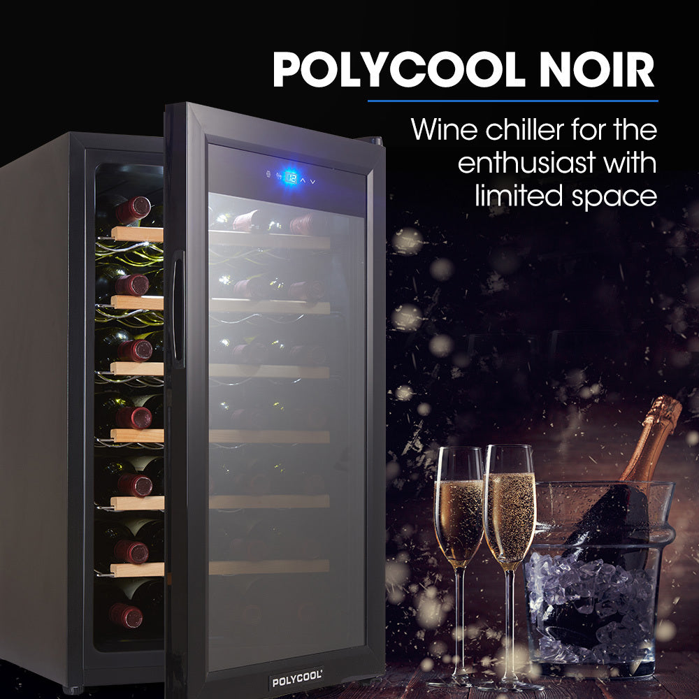 POLYCOOL 72L 28 Bottle Wine Bar Fridge Countertop Cooler Compressor Mirrored Glass Door, Black - Bring To Door 