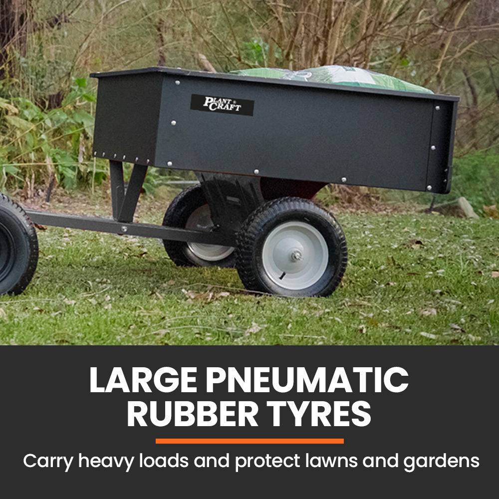 PLANTCRAFT 270kg Capacity Metal Dump Cart Garden Lawn Yard Farm Trolley, Tow Behind Ride on Mower - Bring To Door 