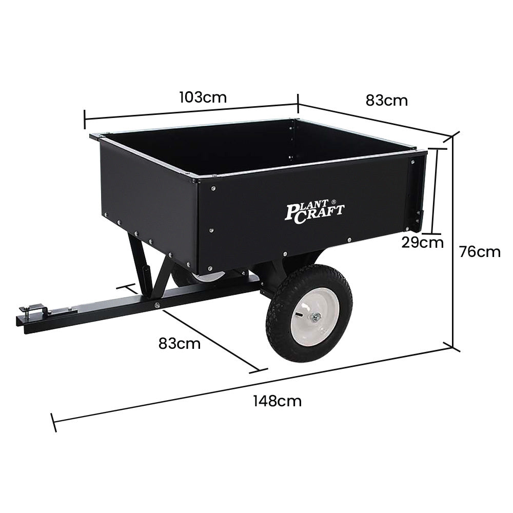 PLANTCRAFT 270kg Capacity Metal Dump Cart Garden Lawn Yard Farm Trolley, Tow Behind Ride on Mower - Bring To Door 