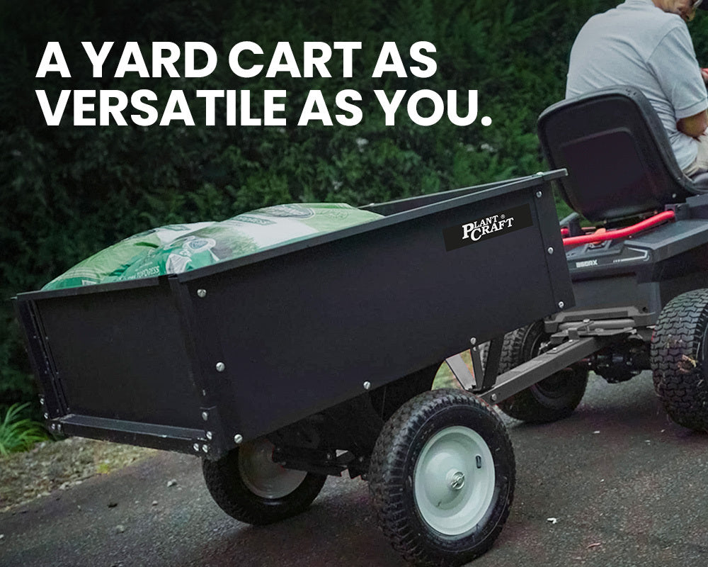 PLANTCRAFT 270kg Capacity Metal Dump Cart Garden Lawn Yard Farm Trolley, Tow Behind Ride on Mower - Bring To Door 