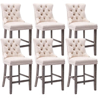 Thumbnail for 6X Velvet Bar Stools with Studs Trim Wooden Legs Tufted Dining Chairs Kitchen