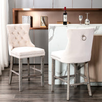 Thumbnail for 6X Velvet Bar Stools with Studs Trim Wooden Legs Tufted Dining Chairs Kitchen