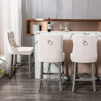 Thumbnail for 6X Velvet Bar Stools with Studs Trim Wooden Legs Tufted Dining Chairs Kitchen