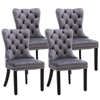 Thumbnail for 4x Velvet Dining Chairs Upholstered Tufted Kithcen Chair with Solid Wood Legs Stud Trim and Ring-Gray