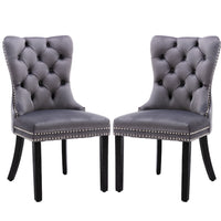 Thumbnail for 4x Velvet Dining Chairs Upholstered Tufted Kithcen Chair with Solid Wood Legs Stud Trim and Ring-Gray