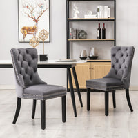 Thumbnail for 4x Velvet Dining Chairs Upholstered Tufted Kithcen Chair with Solid Wood Legs Stud Trim and Ring-Gray