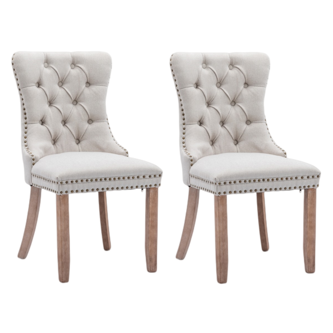 AADEN Modern Elegant Button-Tufted Upholstered Fabric with Studs Trim and Wooden legs Dining Side Chair-Beige