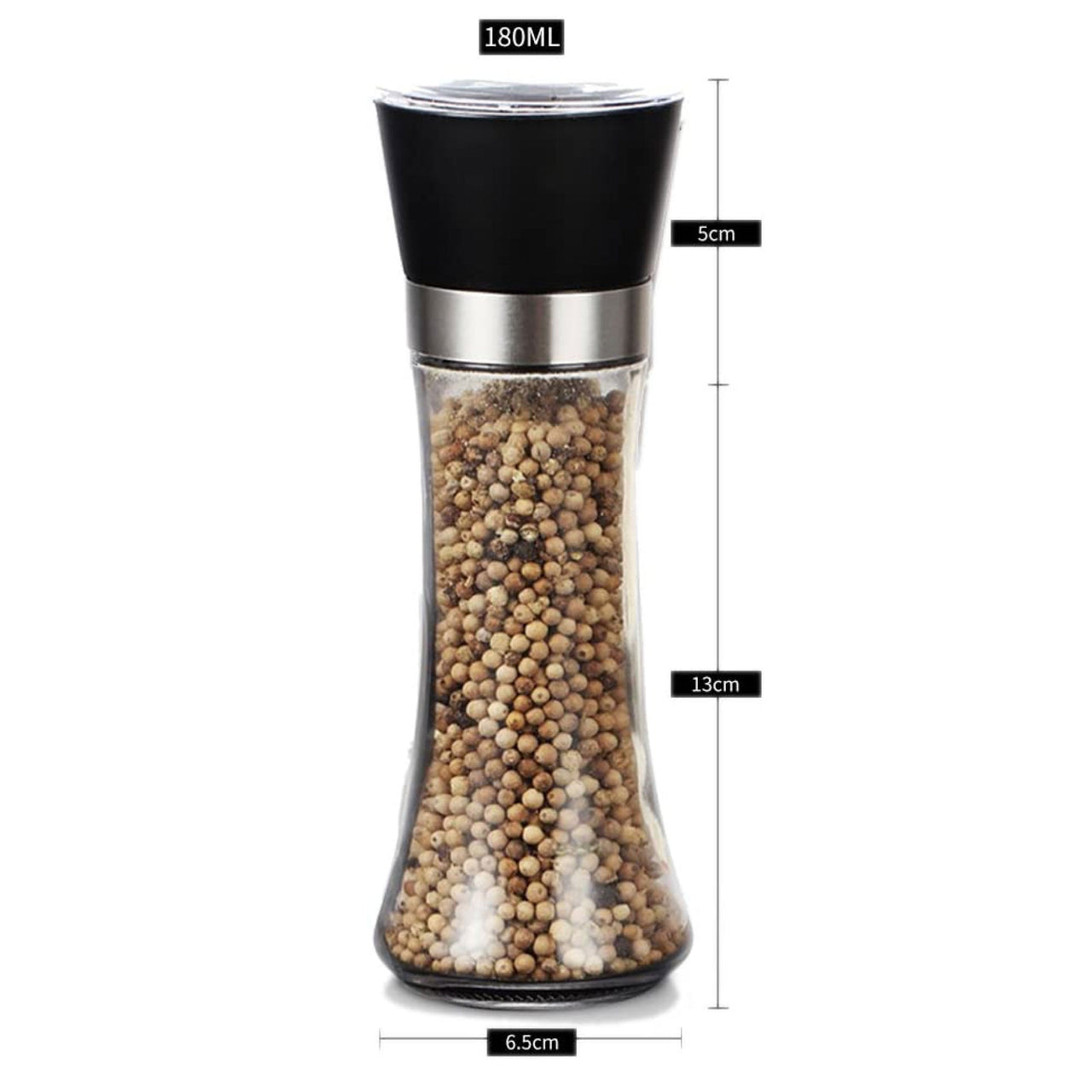 1x 180ml Glass Salt or Pepper Grinder 18cm - Adjustable Ceramic Core Tall Mill - Bring To Door 