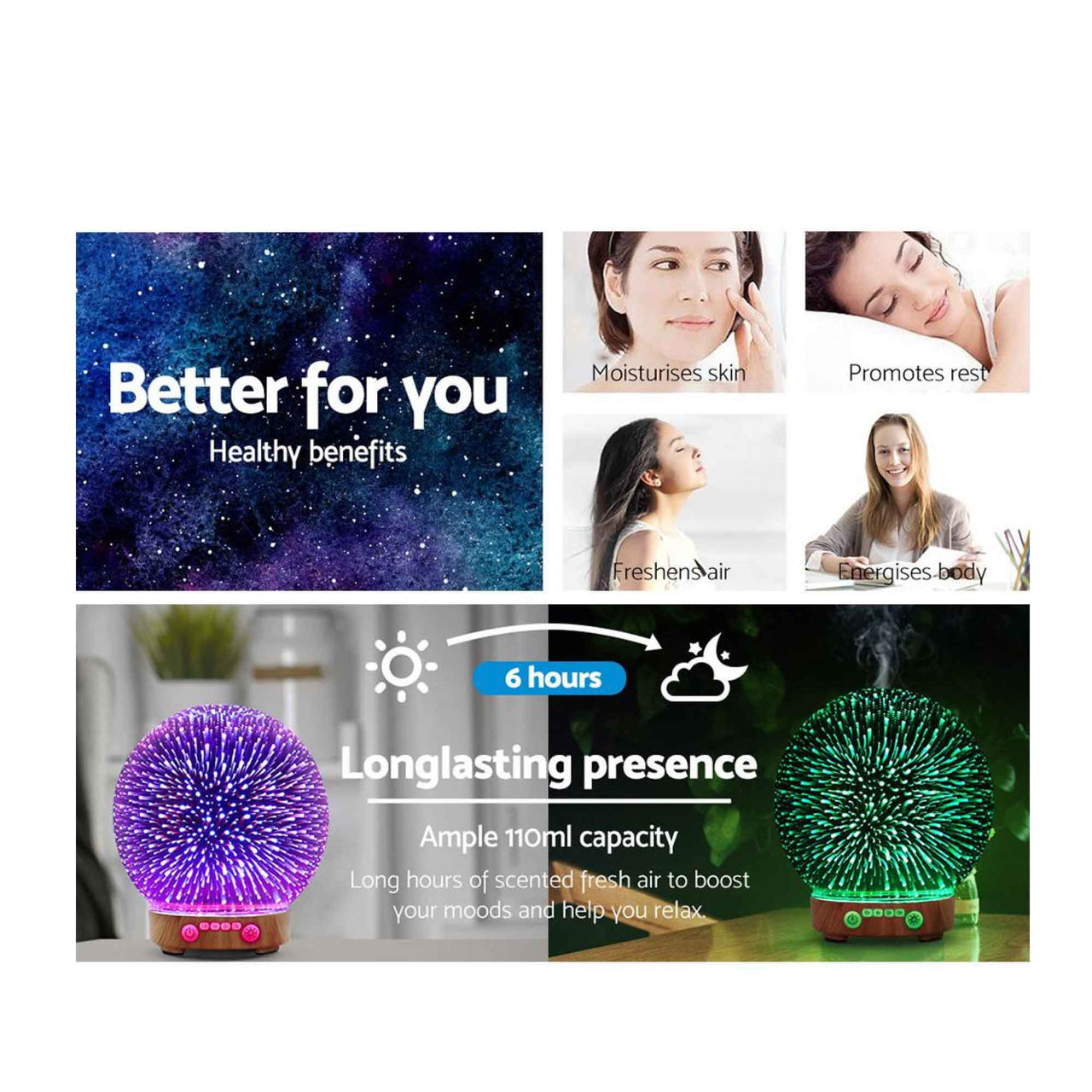 Essential Oil Aroma Diffuser - 100ml Mirror Ball 3D Fireworks Mist Humidifier - Bring To Door 