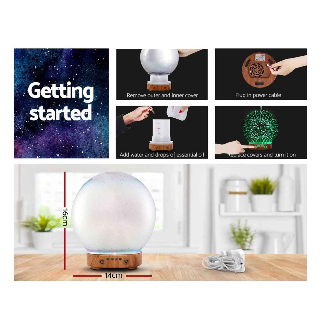 Essential Oil Aroma Diffuser - 100ml Mirror Ball 3D Fireworks Mist Humidifier - Bring To Door 