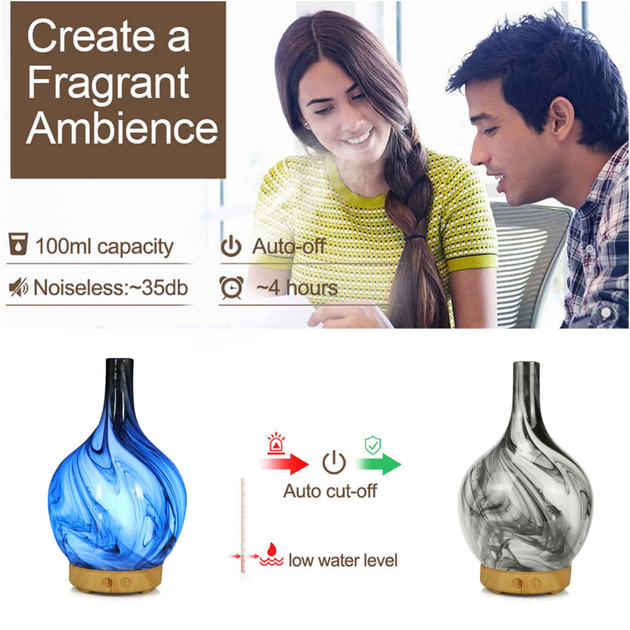 Essential Oil Aroma Diffuser - 100ml Glass Marble Aromatherapy Mist Humidifier - Bring To Door 