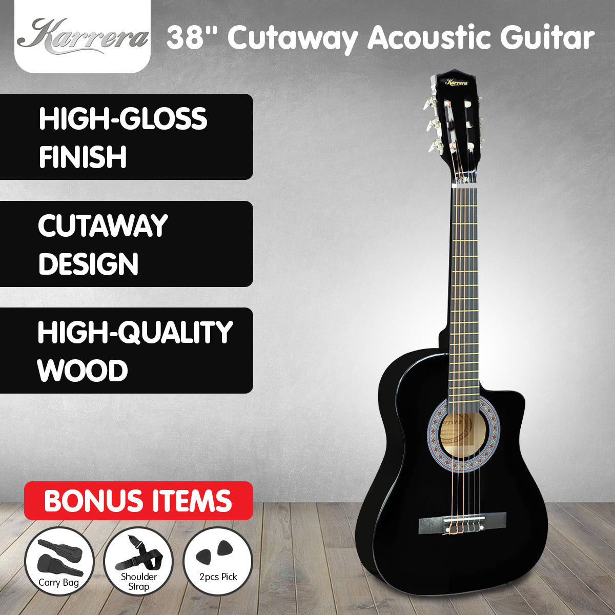 Karrera 38in Cutaway Acoustic Guitar with guitar bag - Black