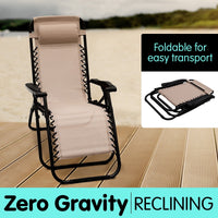 Thumbnail for Wallaroo Zero Gravity Reclining Deck Lounge Sun Beach Chair Outdoor Folding Camping - Beige