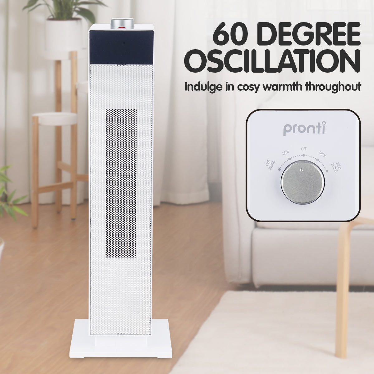 Pronti Electric Tower Heater PTC Ceramic 2000W White - Bring To Door 