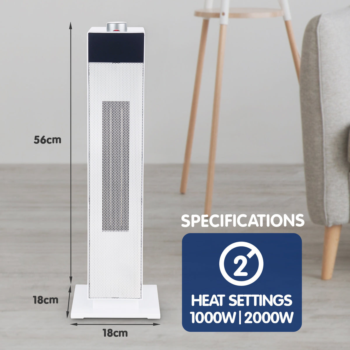 Pronti Electric Tower Heater PTC Ceramic 2000W White - Bring To Door 