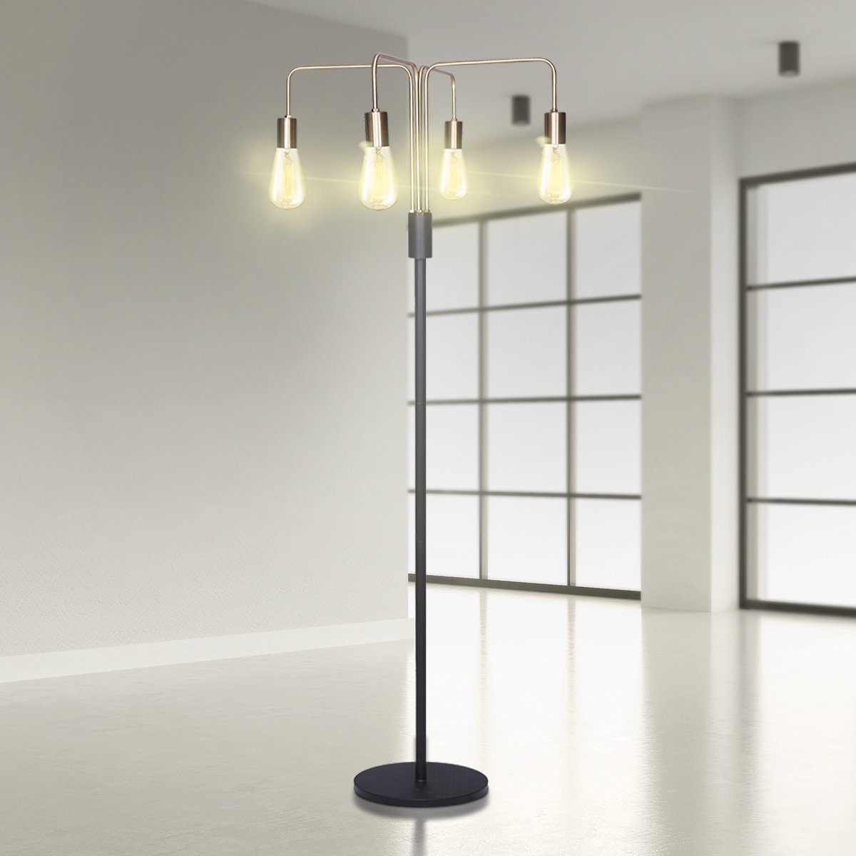 Sarantino Modern Exposed Bulb 4-Arm Industrial Light Floor Lamp - Bring To Door 