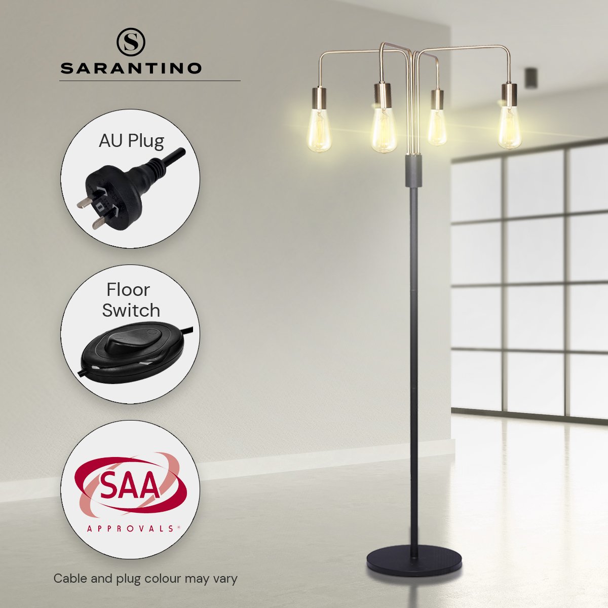 Sarantino Modern Exposed Bulb 4-Arm Industrial Light Floor Lamp - Bring To Door 