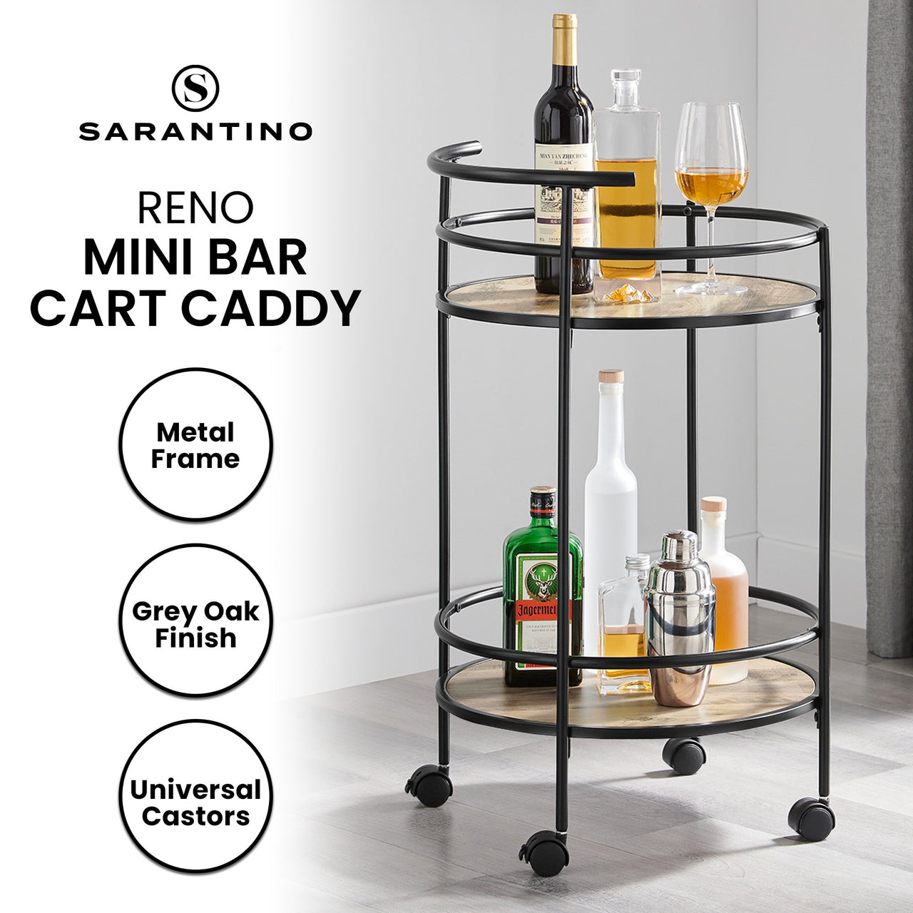 Sarantino Reno Mini Bar Cart Caddy - Grey Oak - Bring To Door 