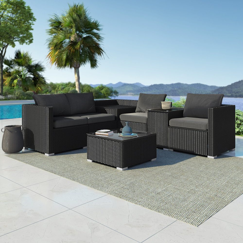 7PC Outdoor Wicker Loveseat Setting with Storage Corner (Black) - Bring To Door 