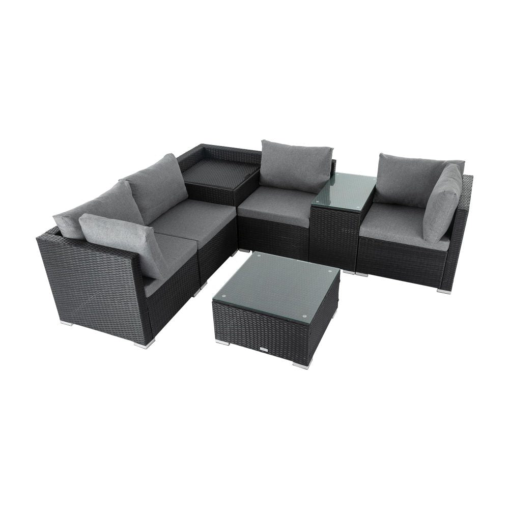 7PC Outdoor Wicker Loveseat Setting with Storage Corner (Black) - Bring To Door 