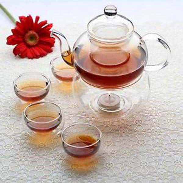 5 SetS of Gongfu Chinese Ceremony Tea Set - 6 Glass cups with Infuser and Tealight Candle Pot Warmer - Bring To Door 