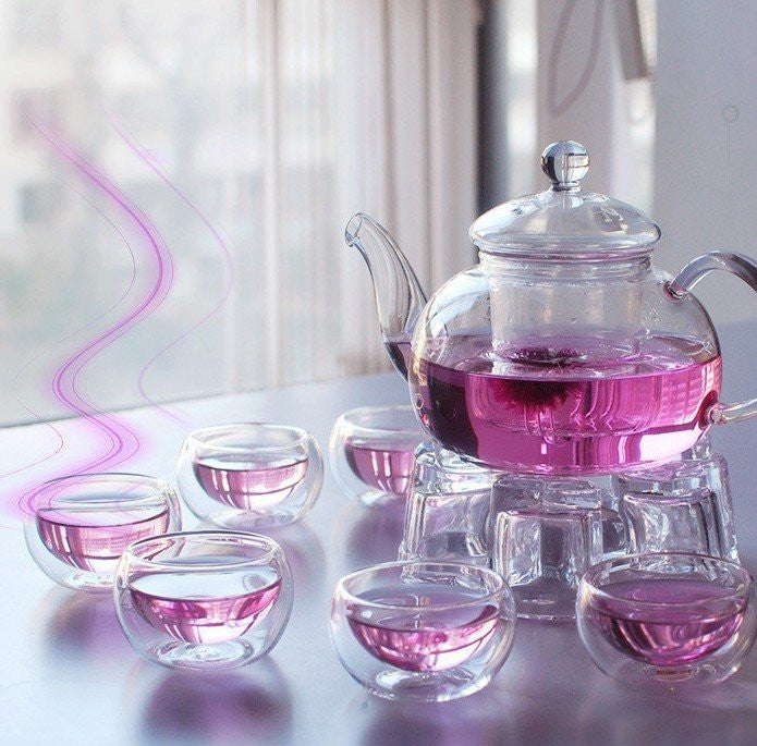 5 SetS of Gongfu Chinese Ceremony Tea Set - 6 Glass cups with Infuser and Tealight Candle Pot Warmer - Bring To Door 