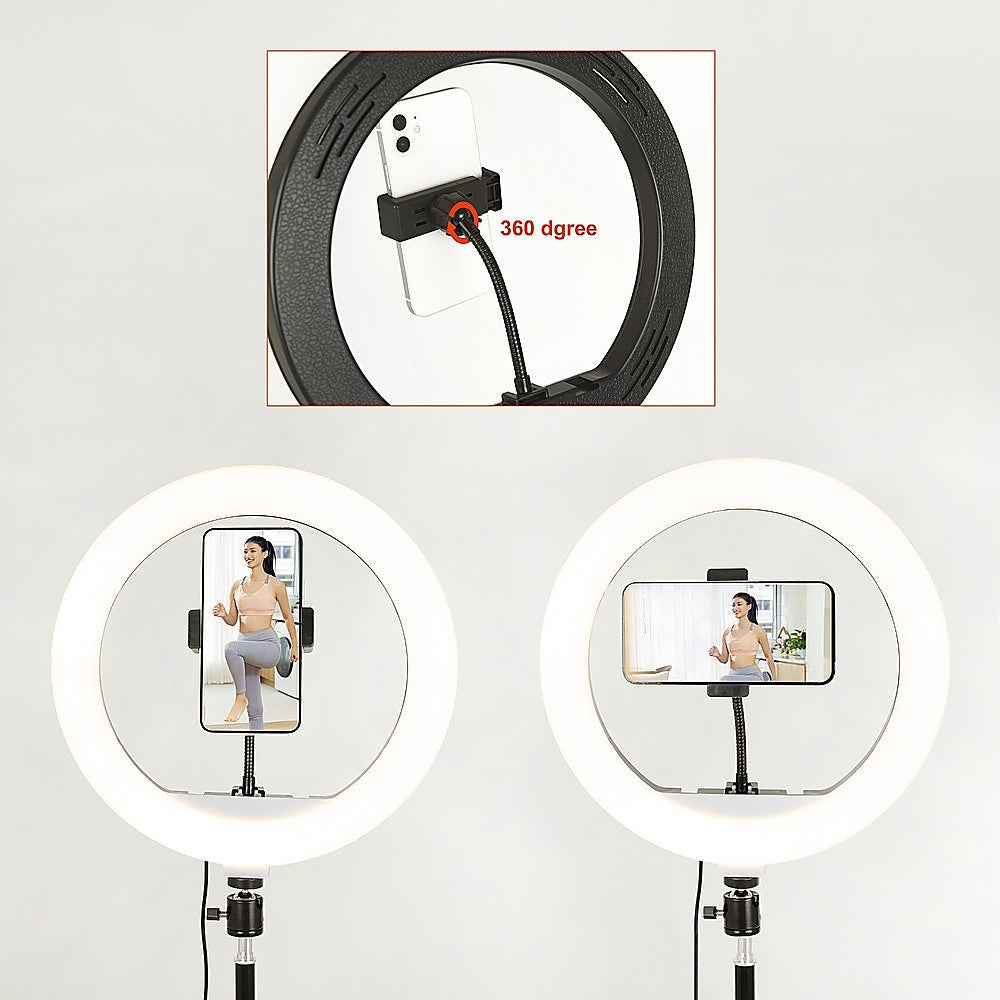 12 Inch LED Video Ring Light with Tabletop Light Stand and Phone Holder Black